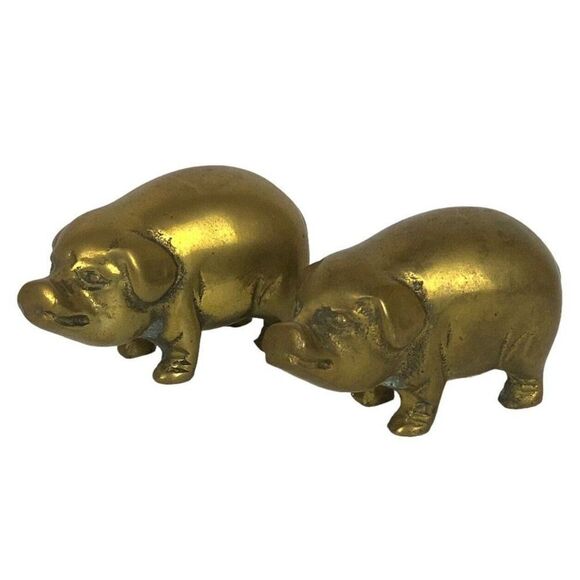 Solid Brass Mini Pig Hog Figurines Set Of 2 Gold Patina Farm Animal Vtg Korea - Picture 1 of 7